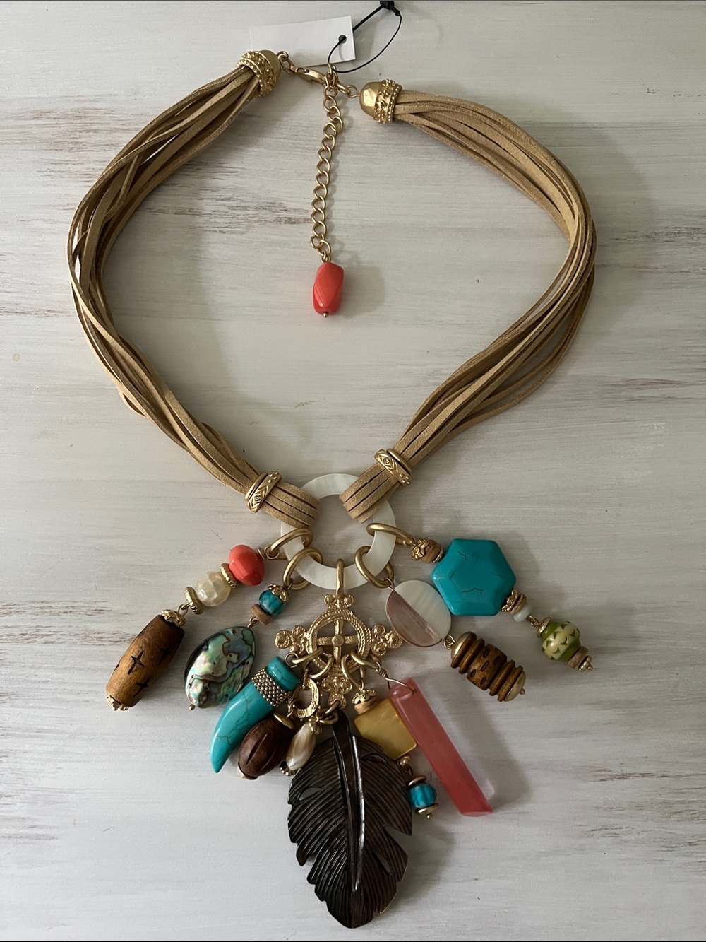 Boho Turquoise Feather Pendant Necklace - Beige Cord